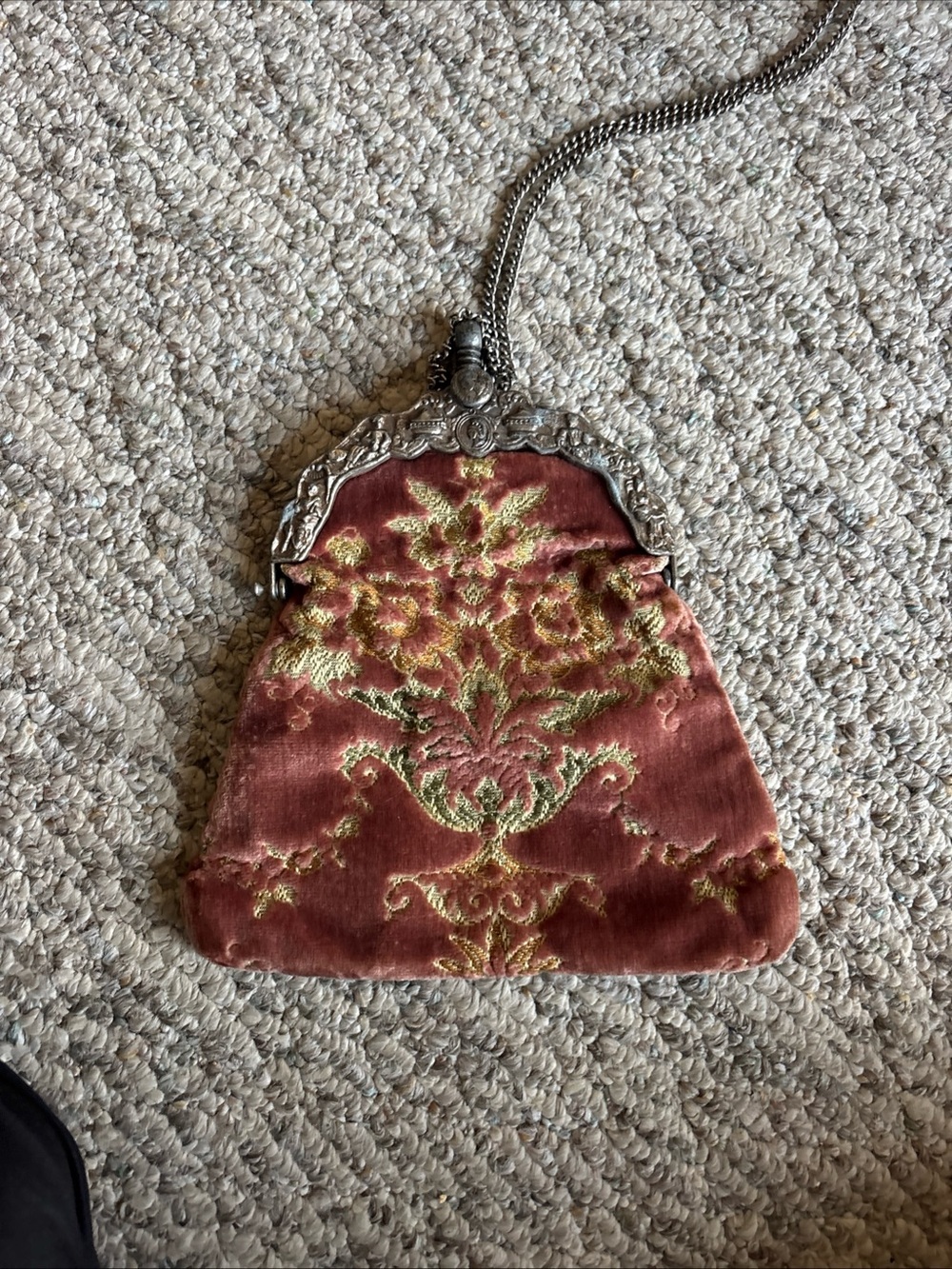 1920’s Vintage-Inspired Pink Velvet Embroidered Evening Bag with Pewter Frame